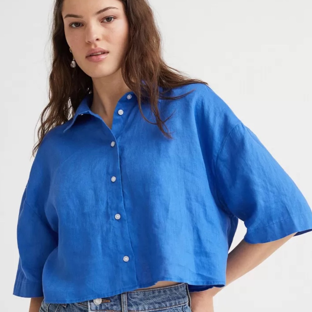 Cobalt Blue Cropped Button-Up Shirt - Women